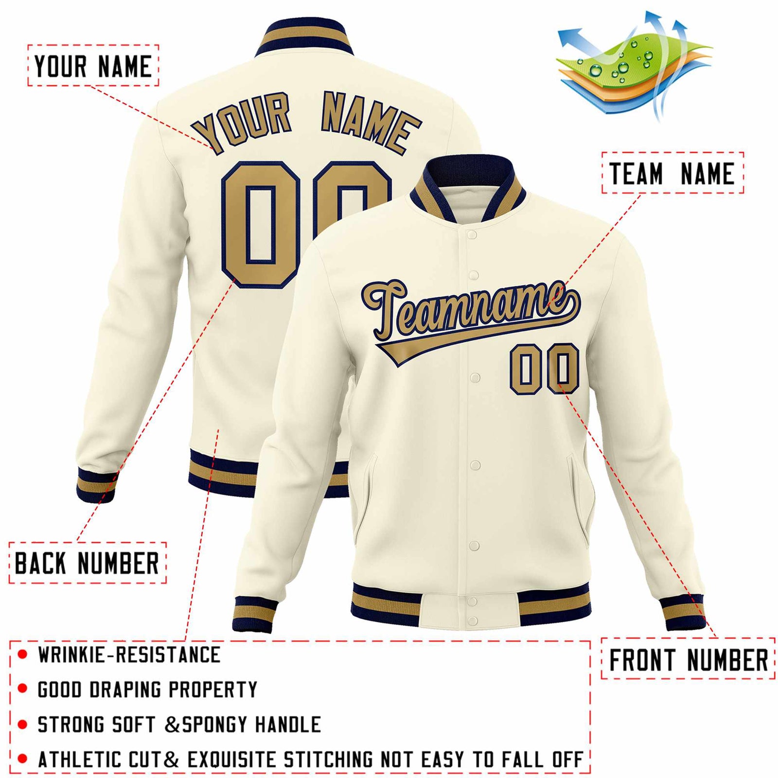 Custom Khaki Old Gold-Navy Classic Style Varsity Full-Snap Letterman Jacket
