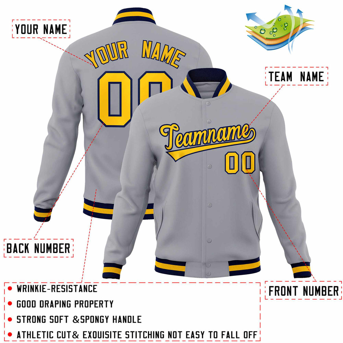 Custom Gray Gold-Navy Classic Style Varsity Full-Snap Letterman Jacket