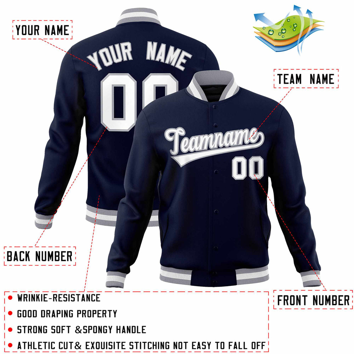Custom Navy White-Gray Classic Style Varsity Full-Snap Letterman Jacket
