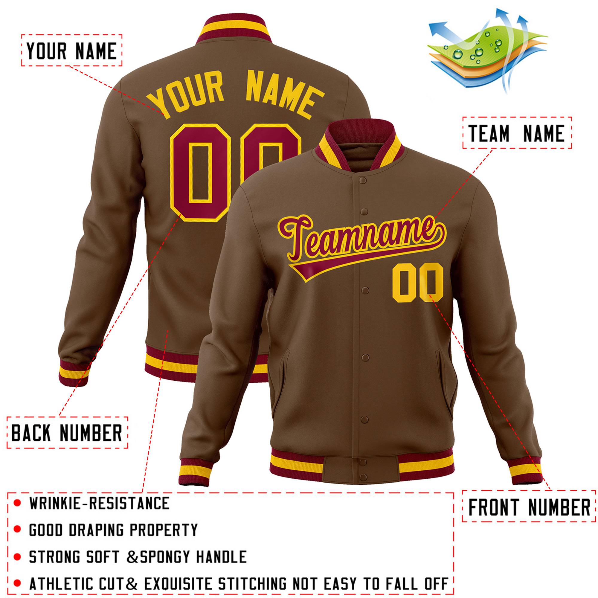 Custom Light Brown Crimson-Gold Classic Style Varsity Full-Snap Letterman Jacket