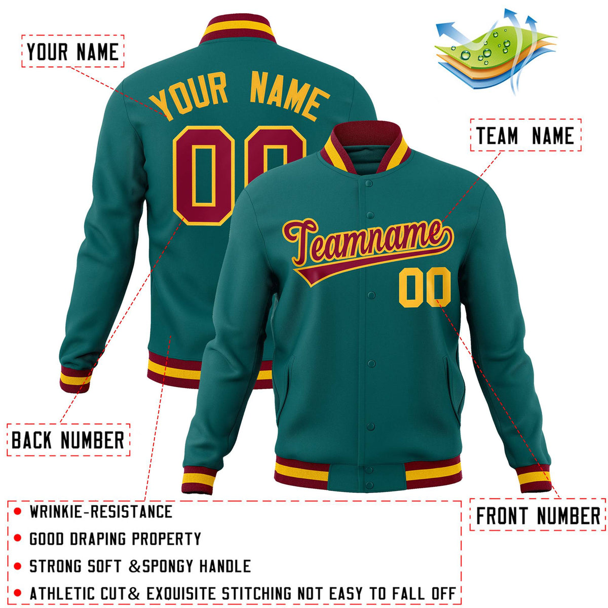 Custom Aqua Crimson-Gold Classic Style Varsity Full-Snap Letterman Jacket