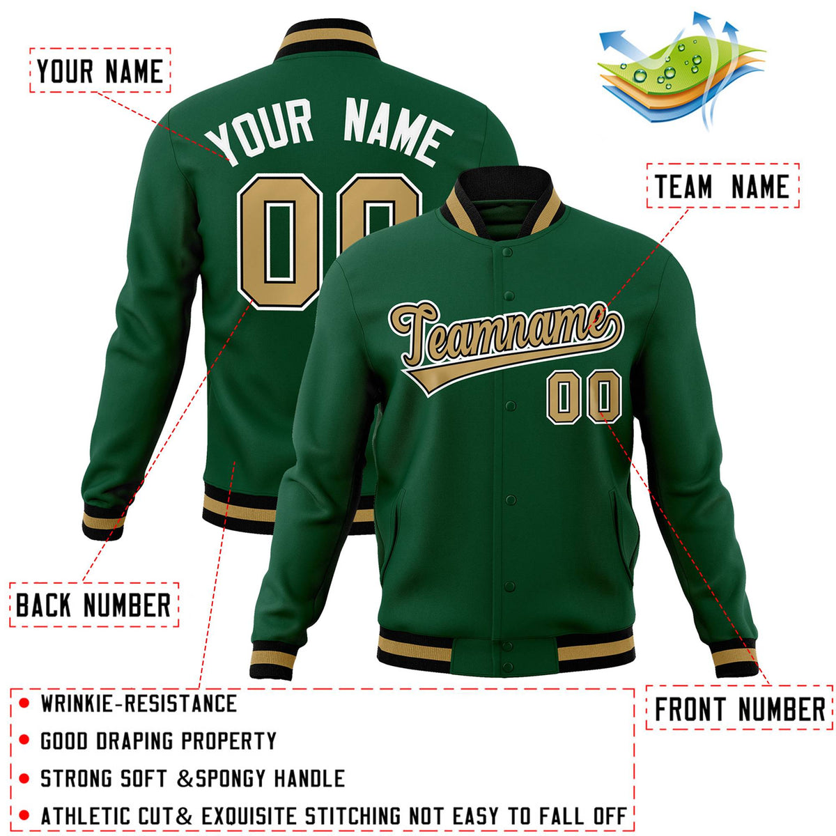 Custom Green Old Gold-Black Classic Style Varsity Full-Snap Letterman Jacket