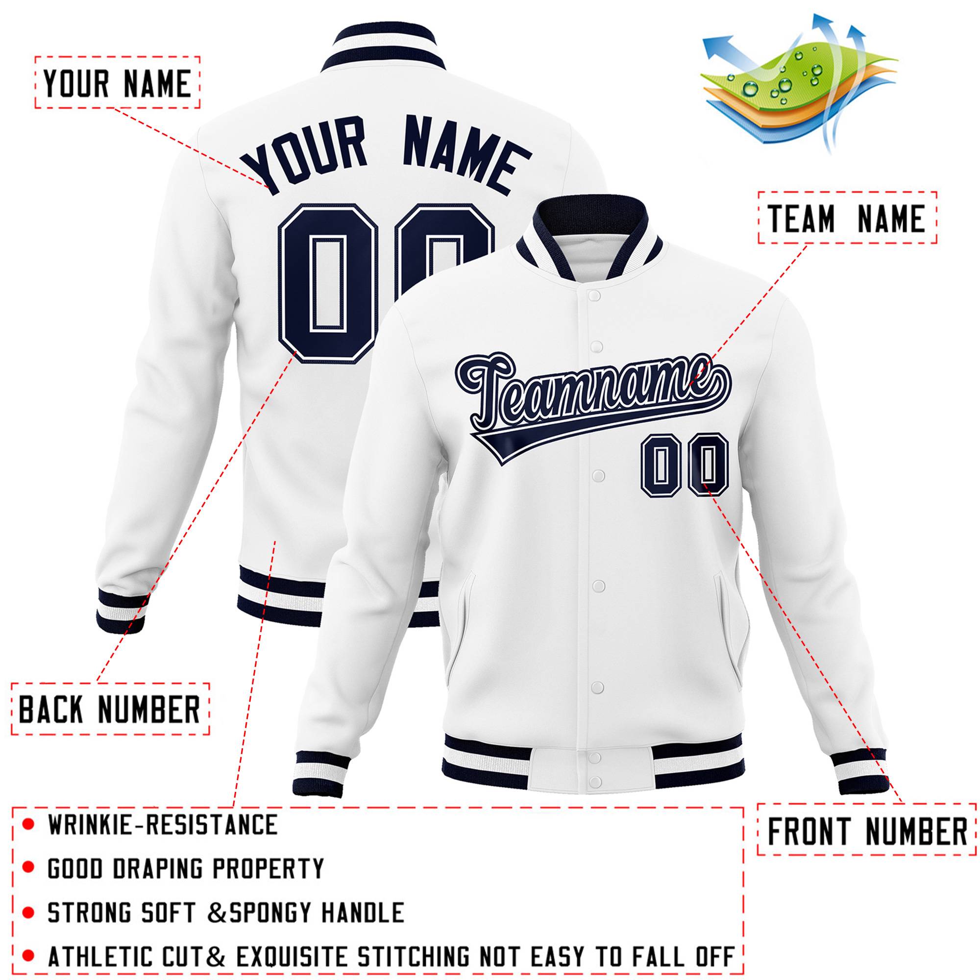 Custom White Navy-White Classic Style Varsity Full-Snap Letterman Jacket