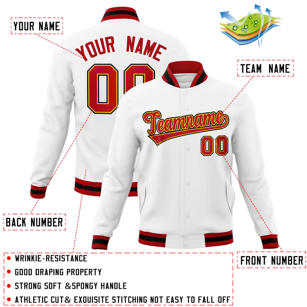 Custom White Red-Yellow Classic Style Varsity Full-Snap Letterman Jacket