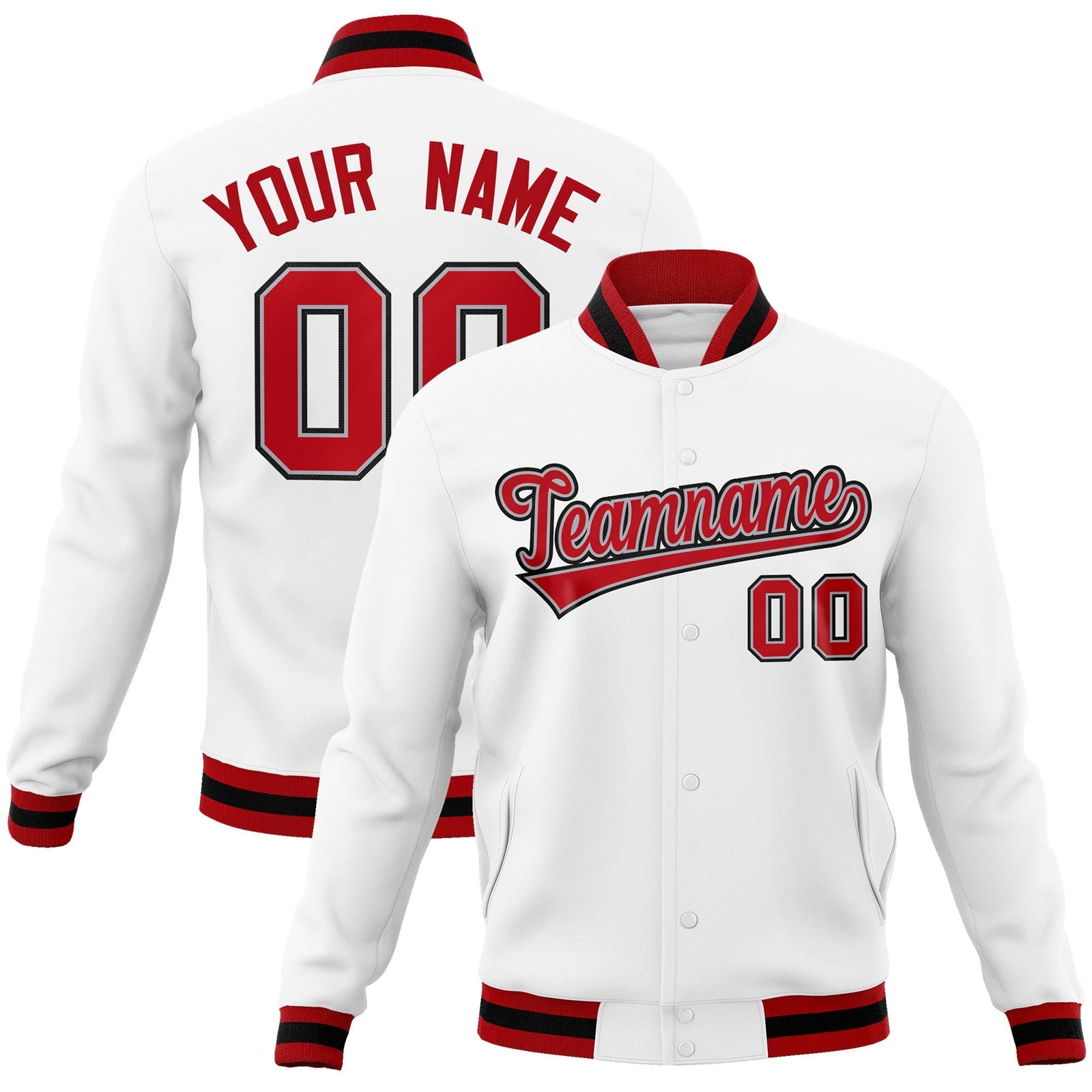 Custom White Red-Gray Classic Style Varsity Full-Snap Letterman Jacket