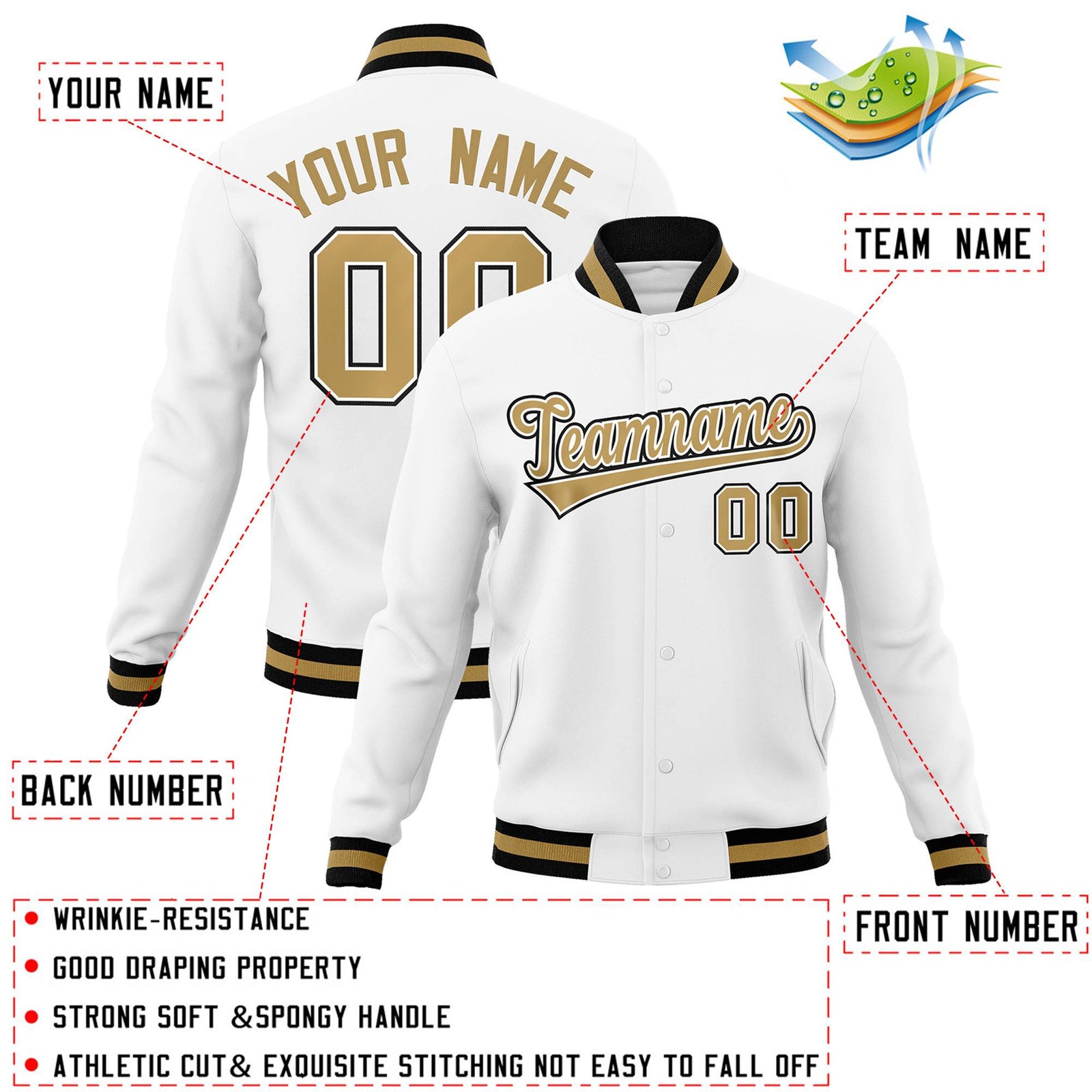 Custom White Old Gold-White Classic Style Varsity Full-Snap Letterman Jacket