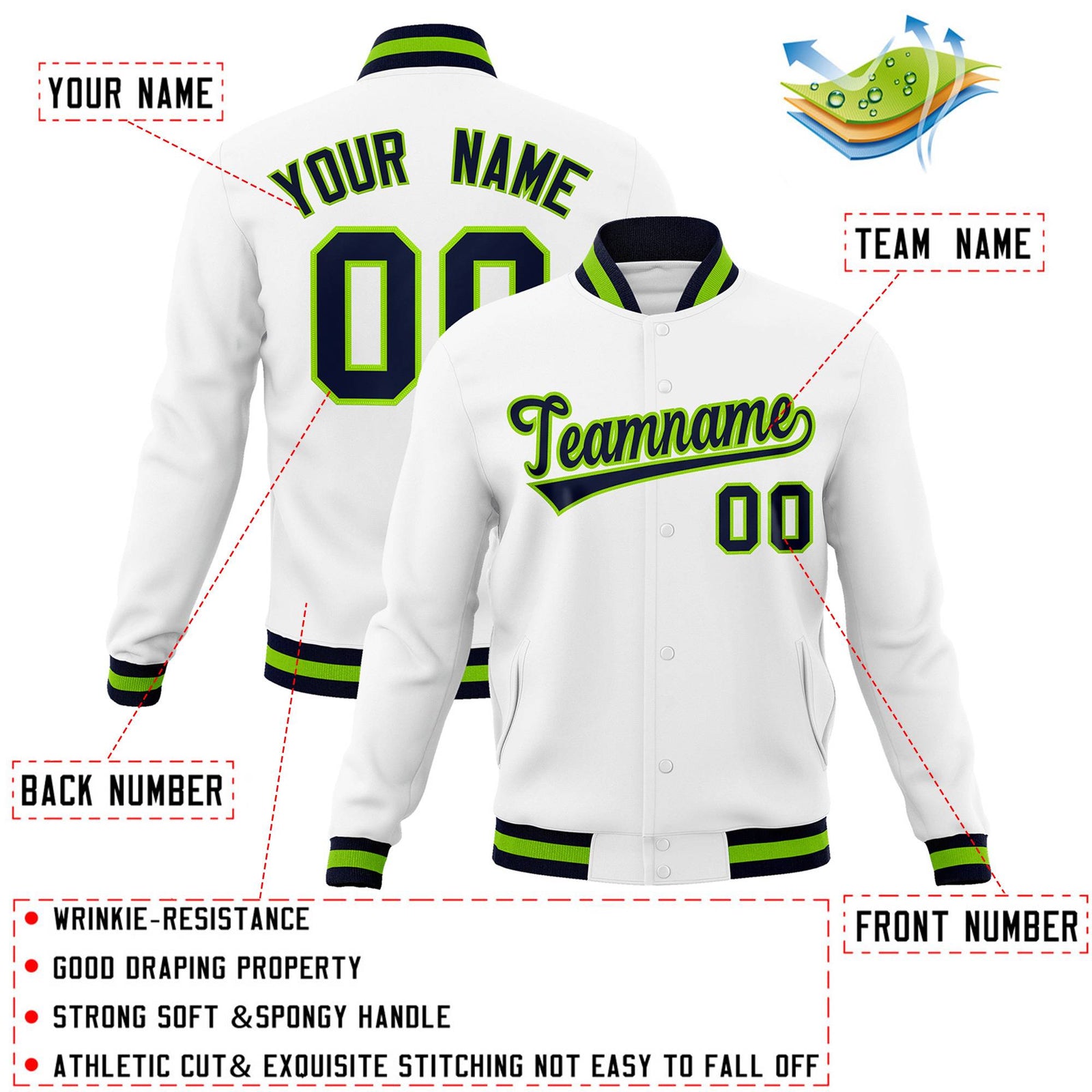 Custom White Navy-Neon Green Classic Style Varsity Full-Snap Letterman Jacket
