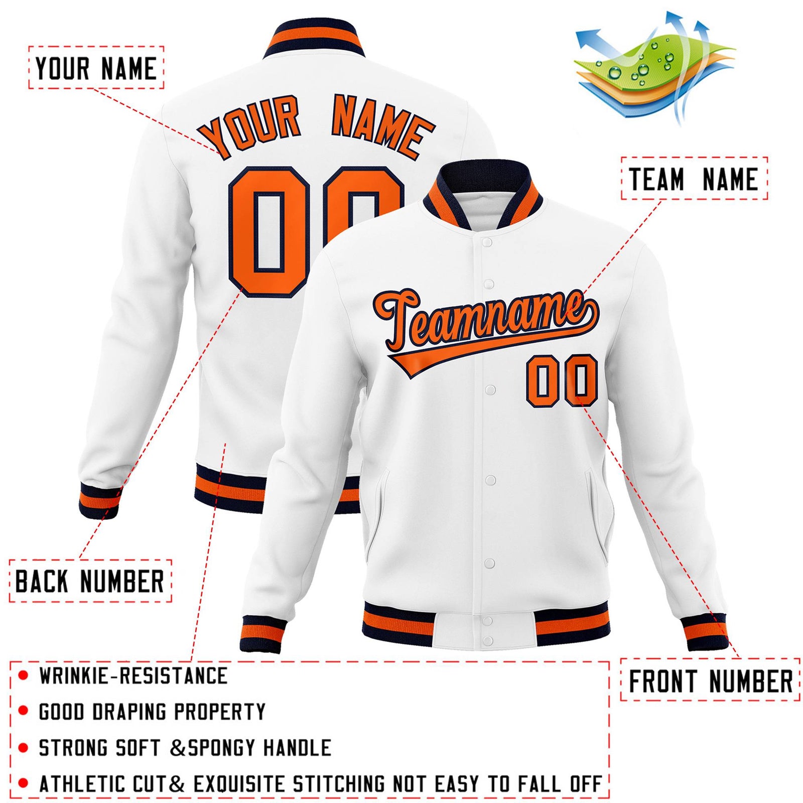 Custom White Orange-Navy Classic Style Varsity Full-Snap Letterman Jacket