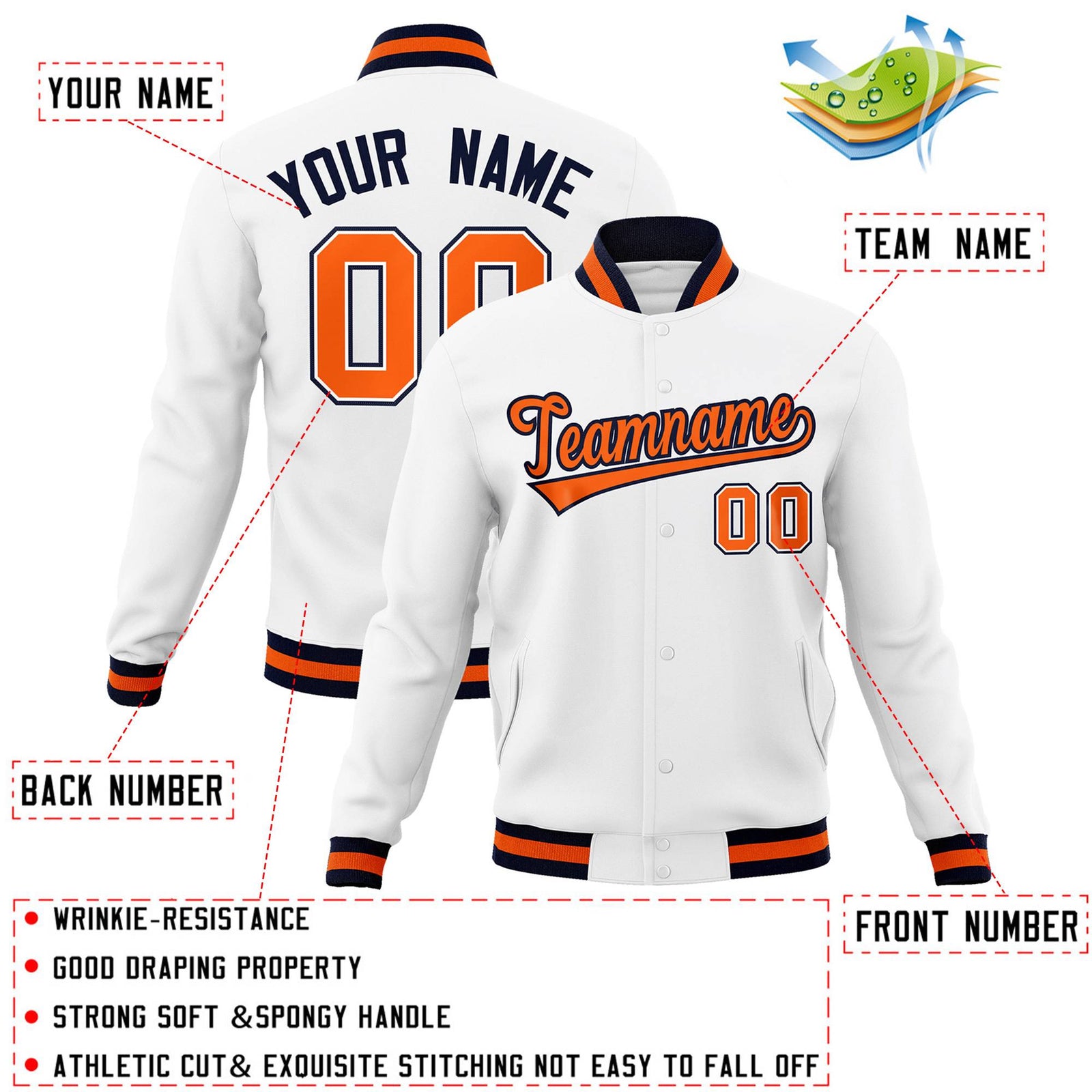 Custom White Orange-Navy Classic Style Varsity Full-Snap Letterman Jacket