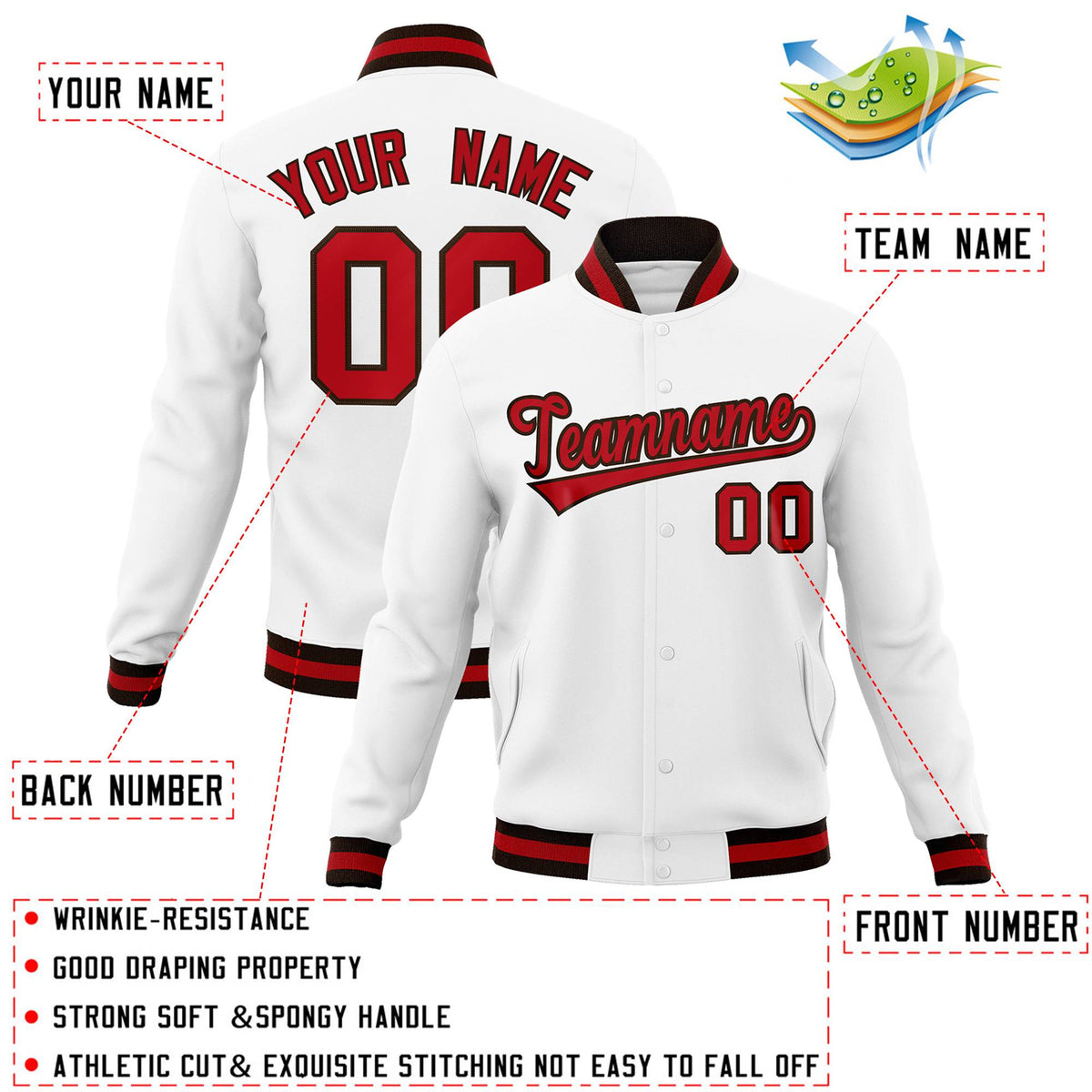 Custom White Red-Brown Classic Style Varsity Full-Snap Letterman Jacket