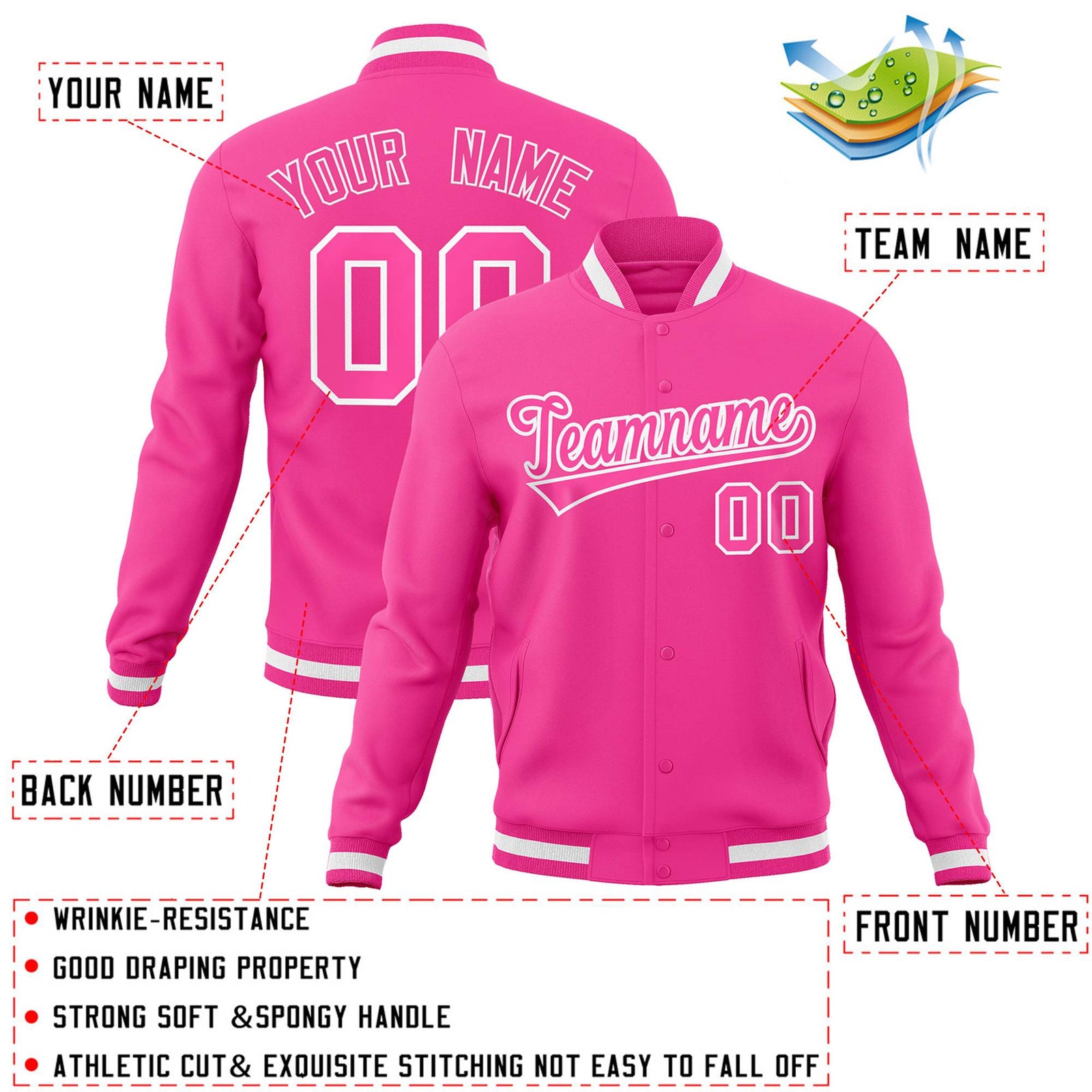 Custom Pink Pink-White Classic Style Varsity Full-Snap Letterman Jacket