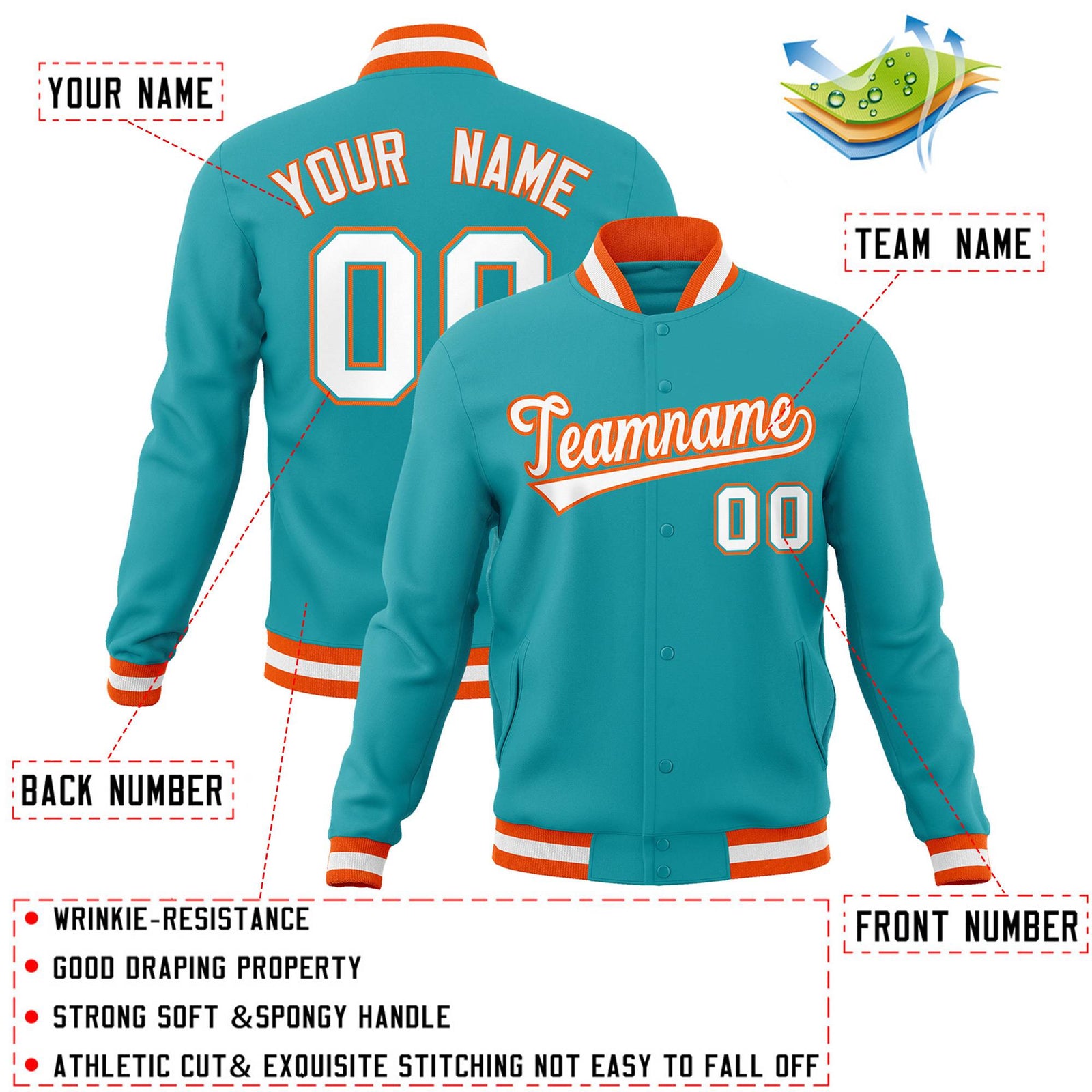 Custom Aqua White-Orange Classic Style Varsity Full-Snap Letterman Jacket