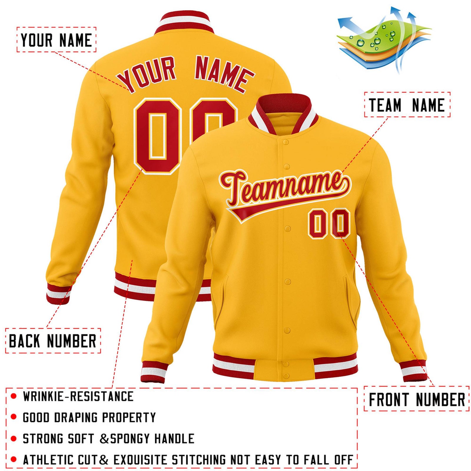 Custom Gold Red-Gold Classic Style Varsity Full-Snap Letterman Jacket