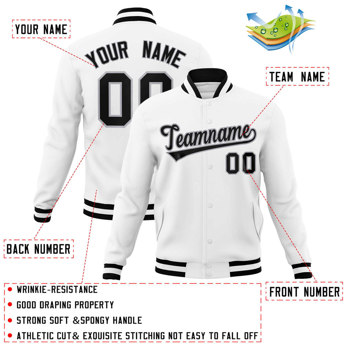 Custom White Black-Gray Classic Style Varsity Full-Snap Letterman Jacket