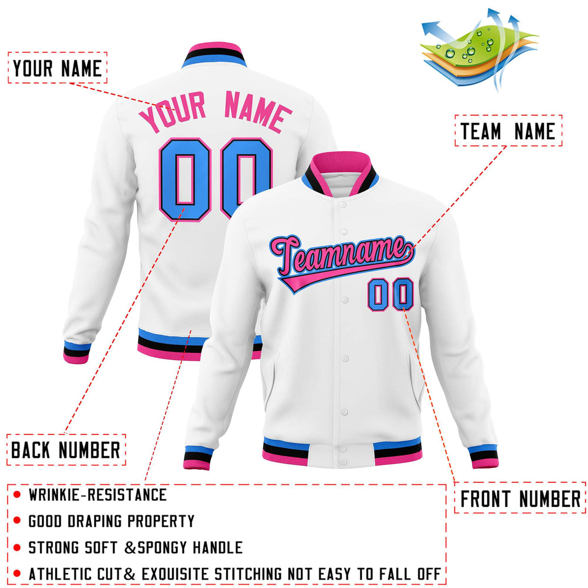Custom White Pink-Powder Blue Classic Style Varsity Full-Snap Letterman Jacket