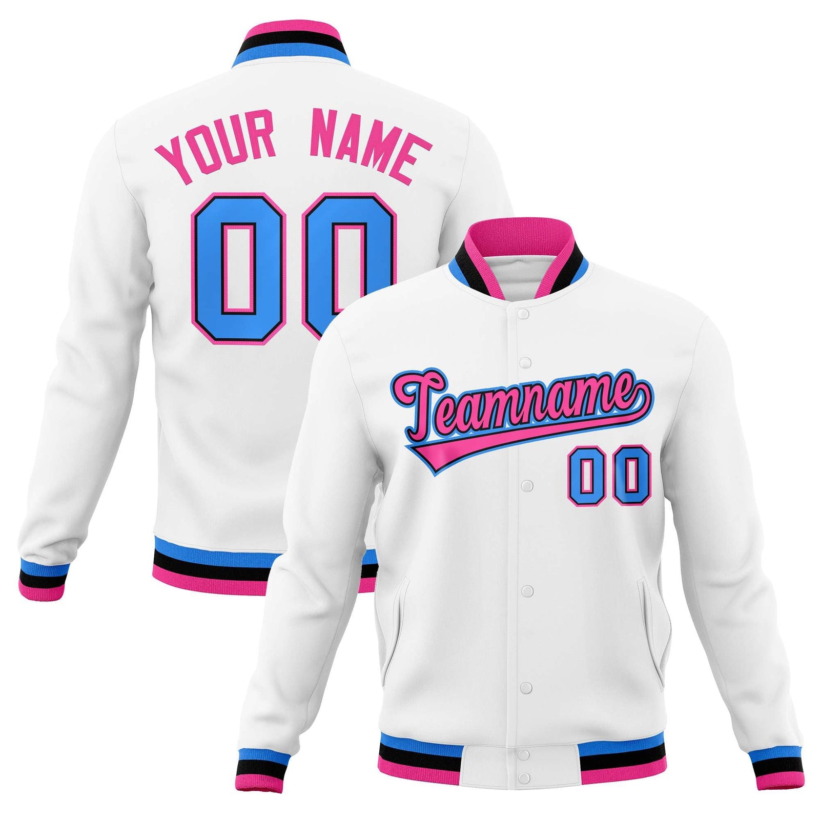 Custom White Pink-Powder Blue Classic Style Varsity Full-Snap Letterman Jacket