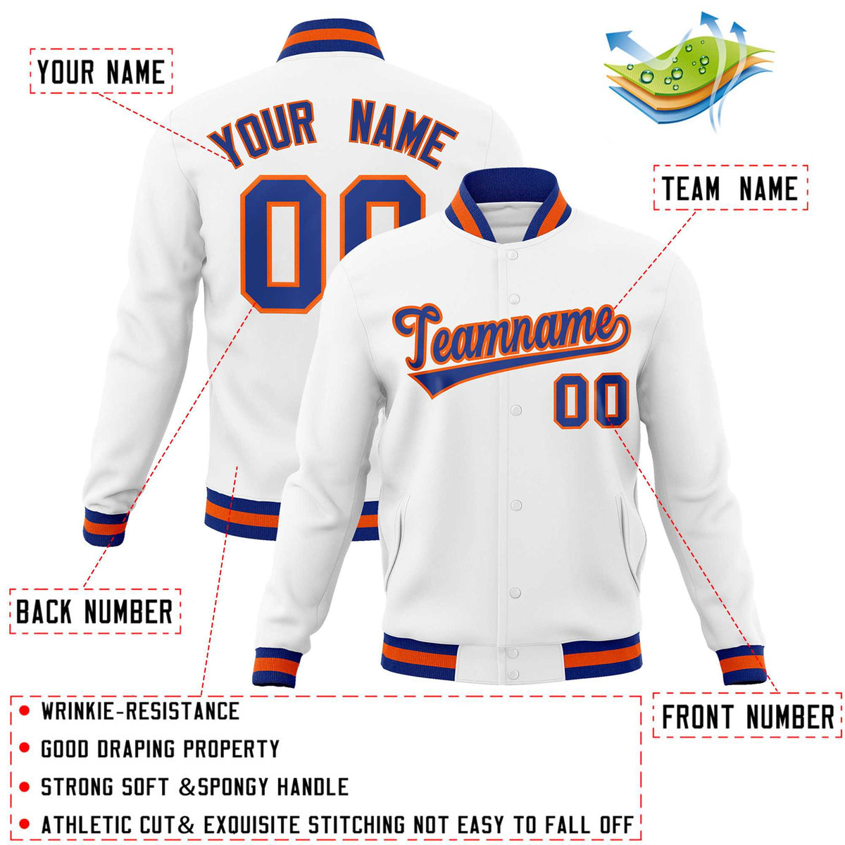 Custom White Royal-Orange Classic Style Varsity Full-Snap Letterman Jacket