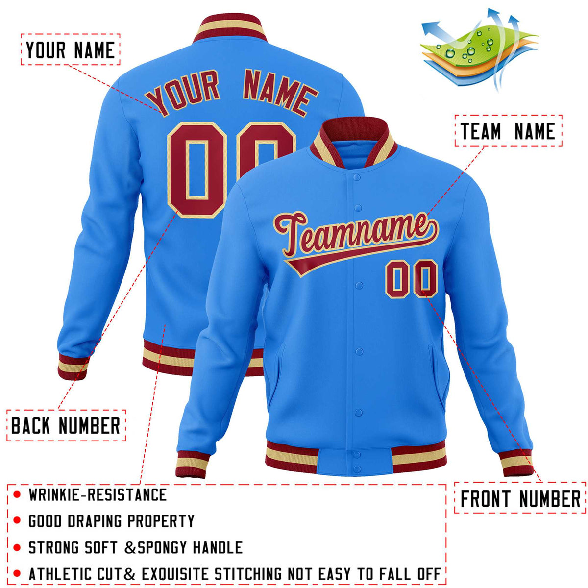 Custom Powder Blue Crimson-Khaki Classic Style Varsity Full-Snap Letterman Jacket