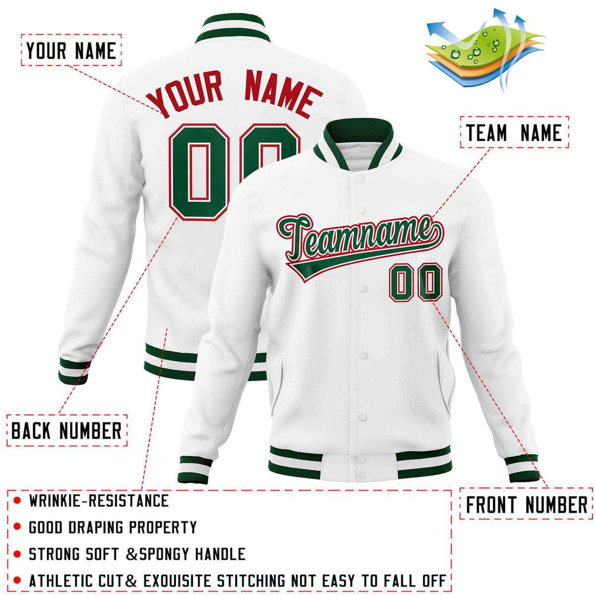 Custom White Green-Red Classic Style Varsity Full-Snap Letterman Jacket