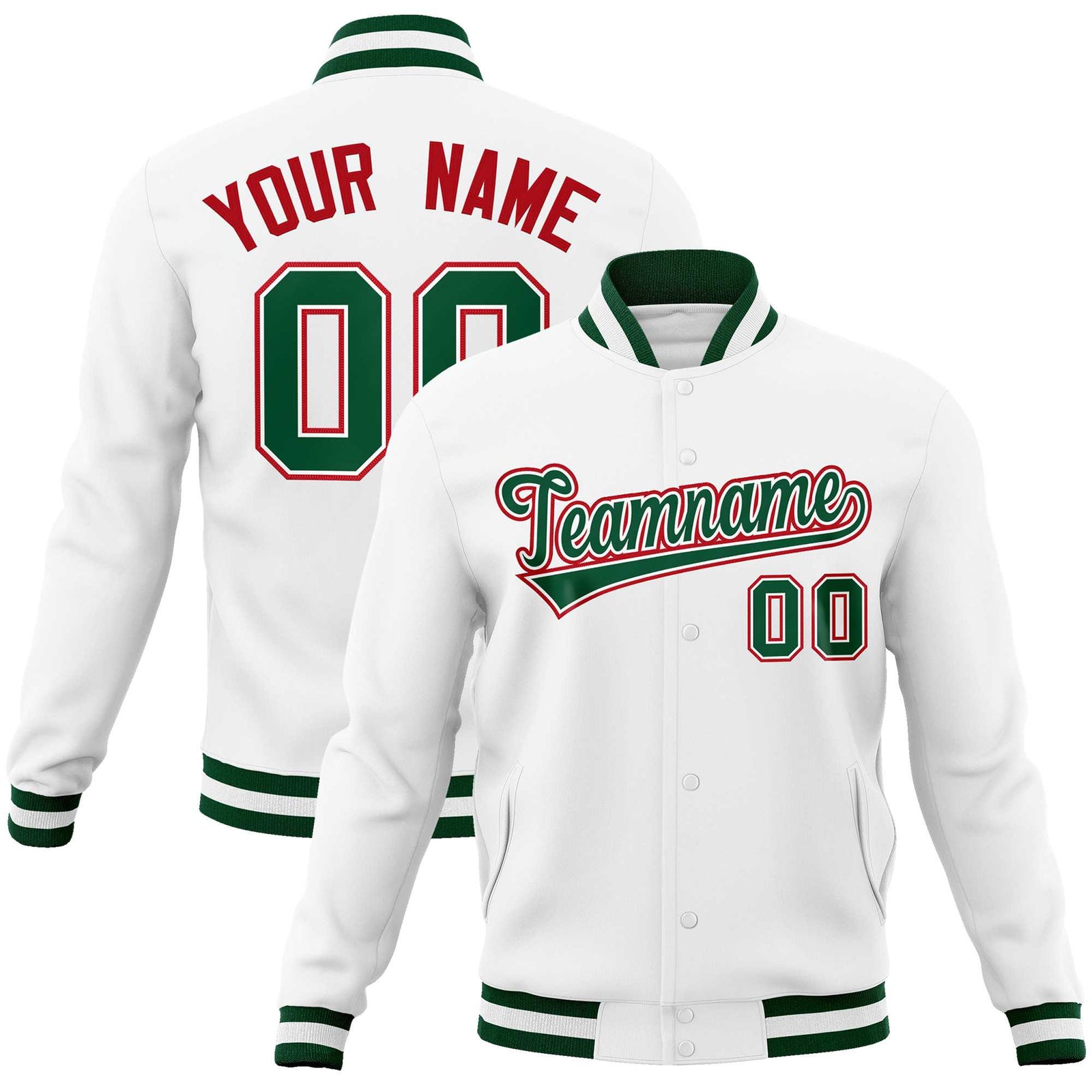 Custom White Green-Red Classic Style Varsity Full-Snap Letterman Jacket