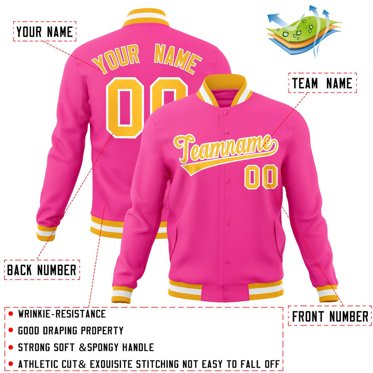 Custom Pink Yellow-White Classic Style Varsity Full-Snap Letterman Jacket