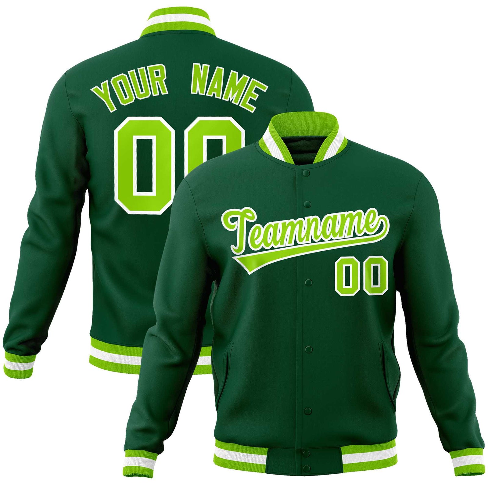 Custom Green Neon Green-White Classic Style Varsity Full-Snap Letterman Jacket