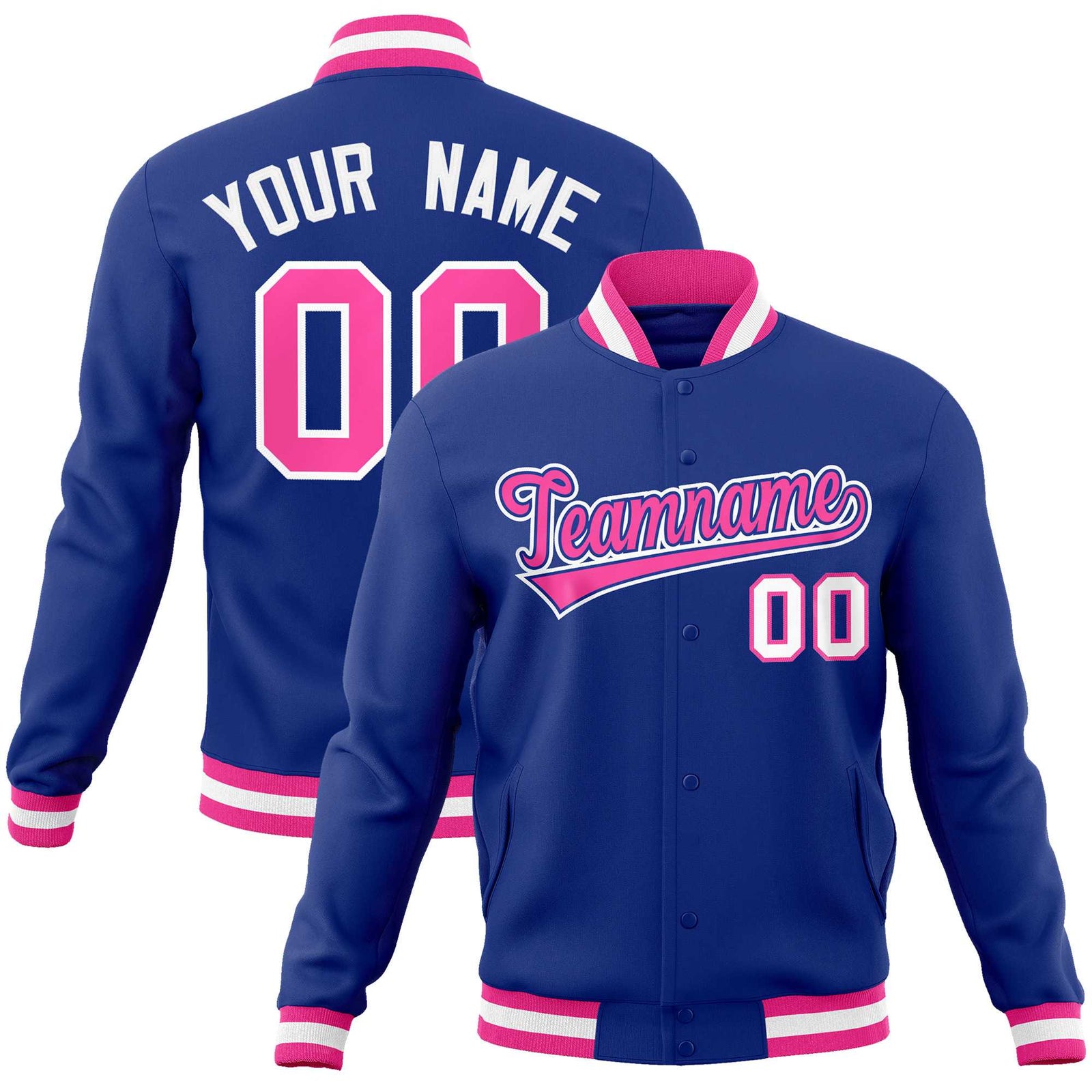 Custom Royal Pink-White Classic Style Varsity Full-Snap Letterman Jacket