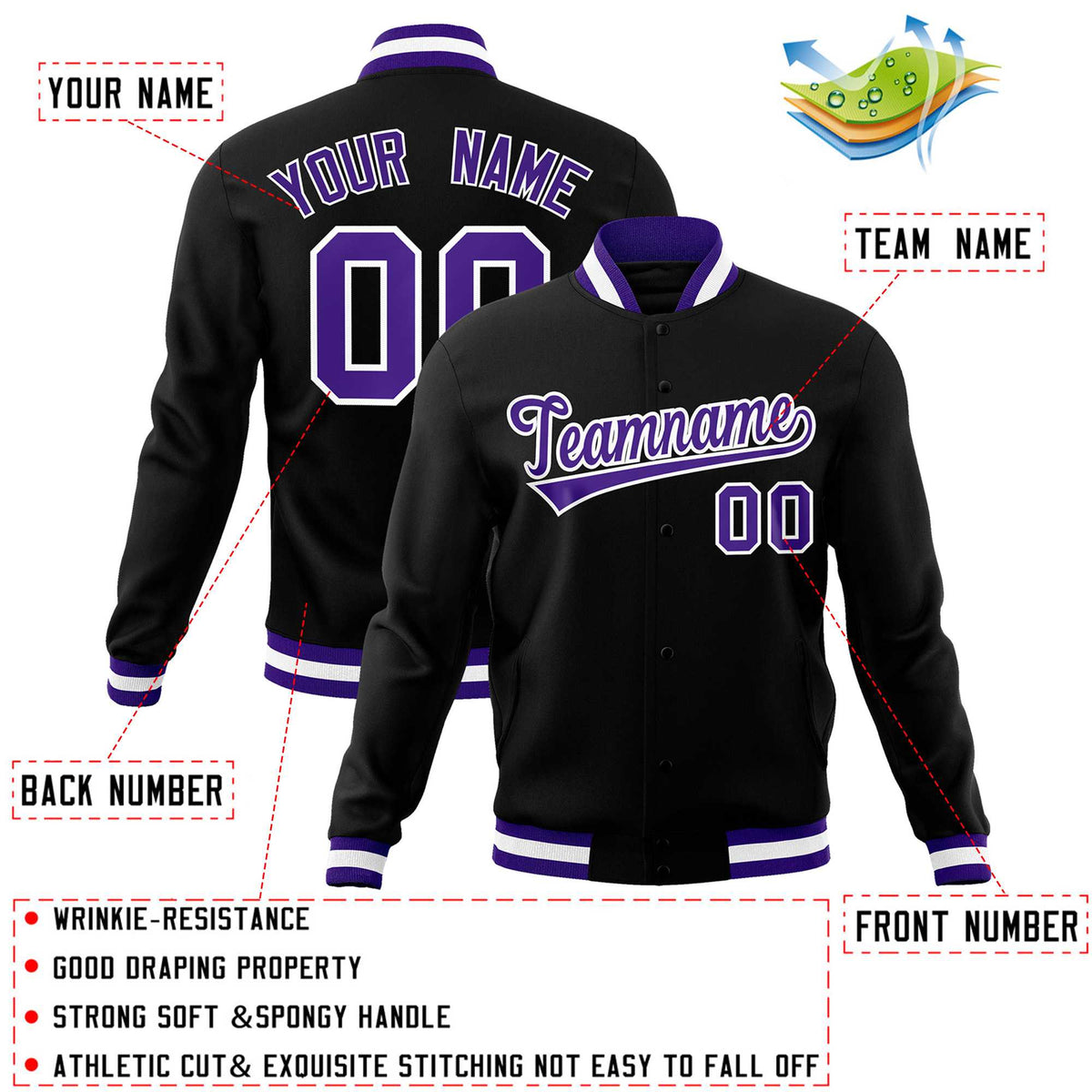Custom Black Purple-White Classic Style Varsity Full-Snap Letterman Jacket