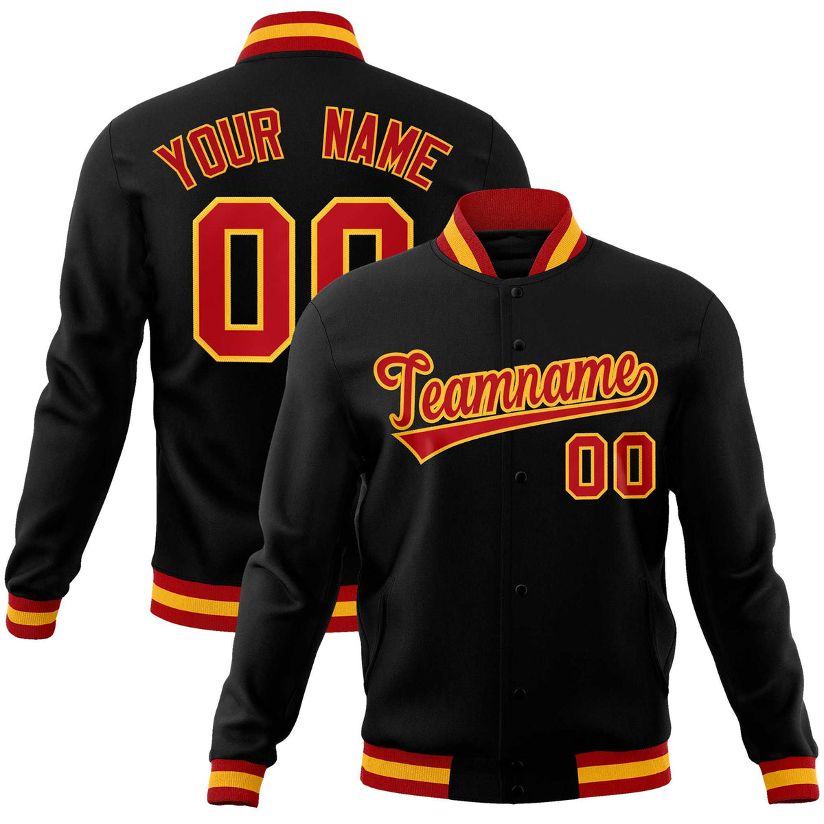 Custom Black Red-Gold Classic Style Varsity Full-Snap Letterman Jacket