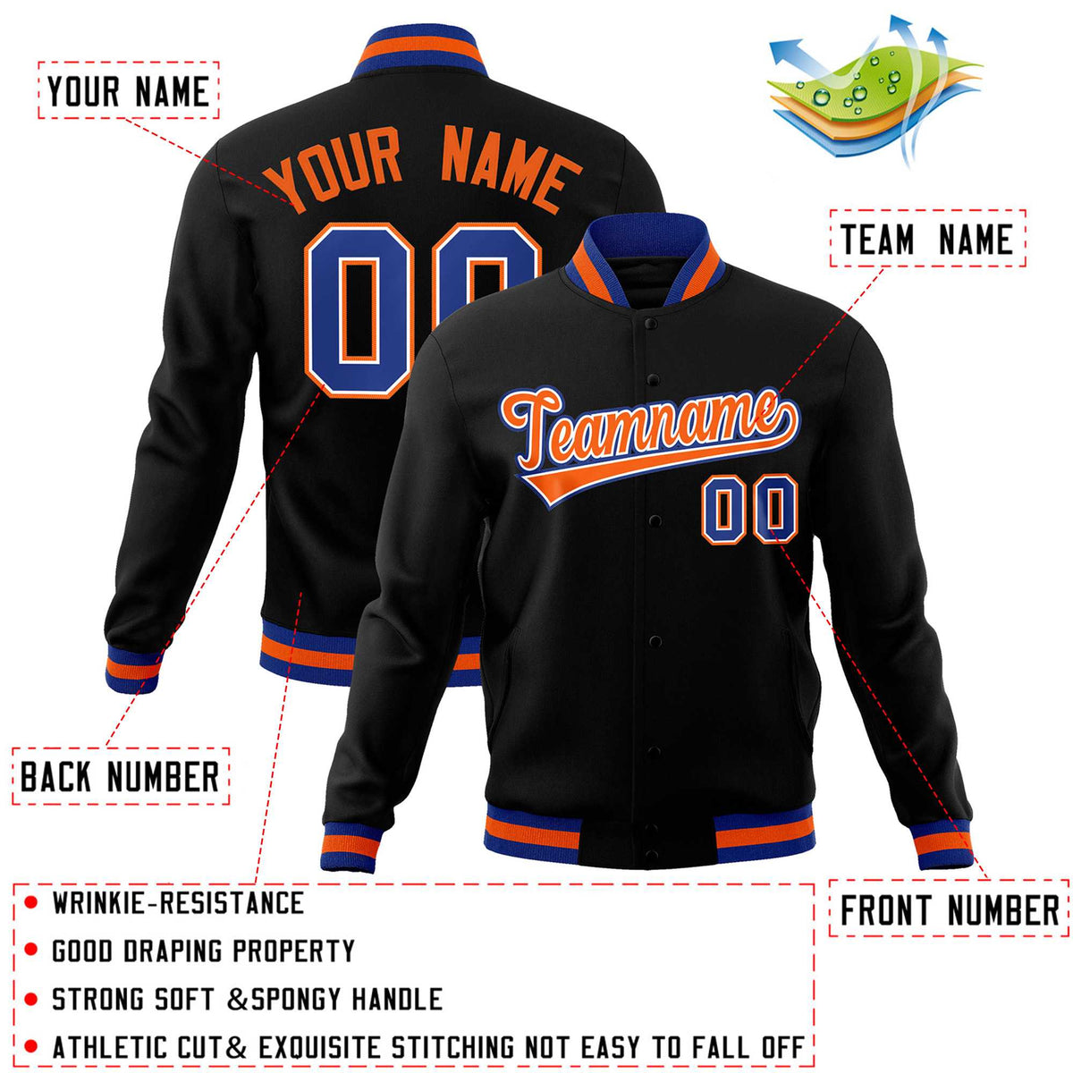 Custom Black Orange-Royal Classic Style Varsity Full-Snap Letterman Jacket