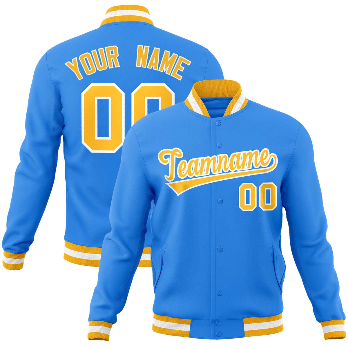 Custom Powder Blue Gold-White Classic Style Varsity Full-Snap Letterman Jacket
