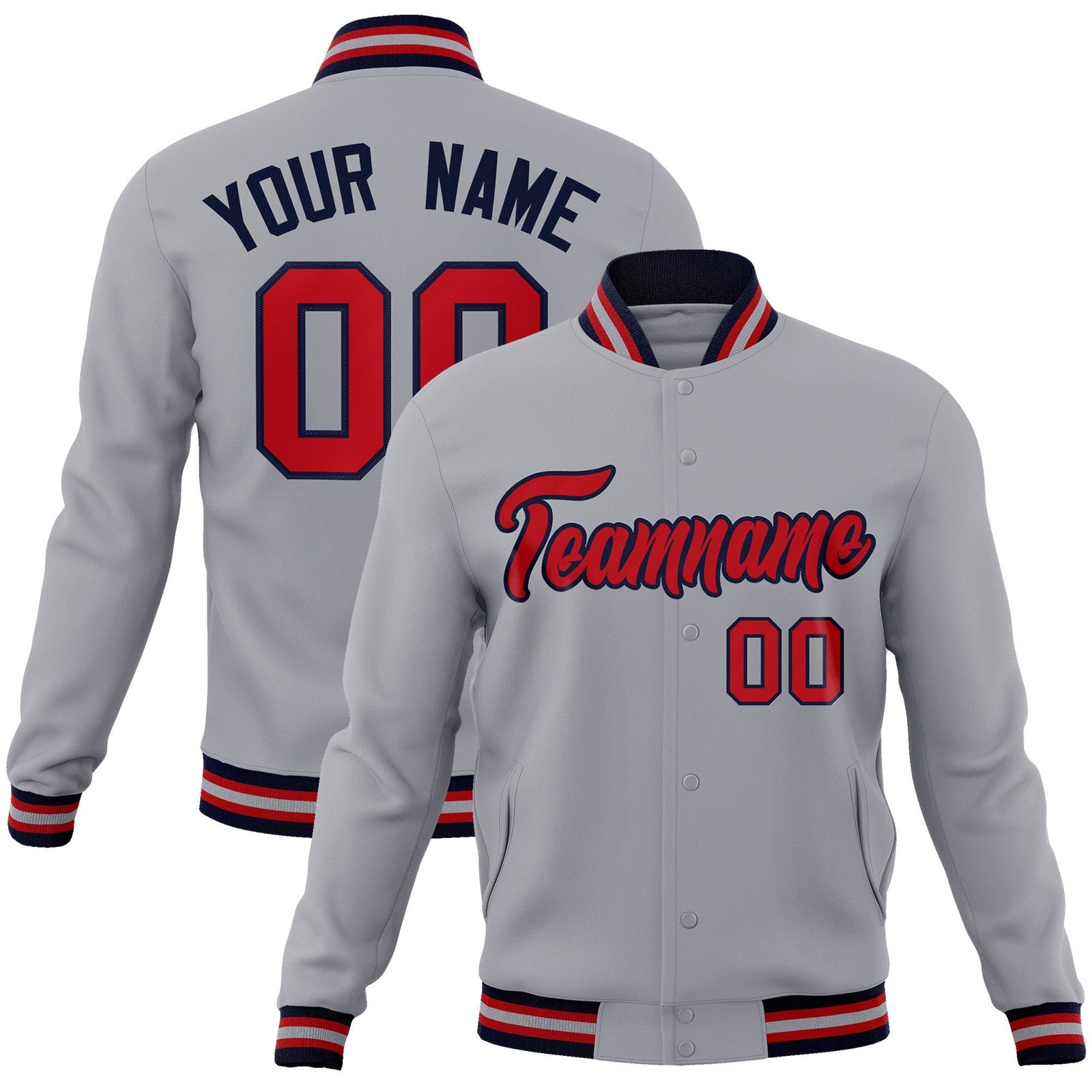 Custom Gray Red-Navy Classic Style Varsity Full-Snap Letterman Jacket