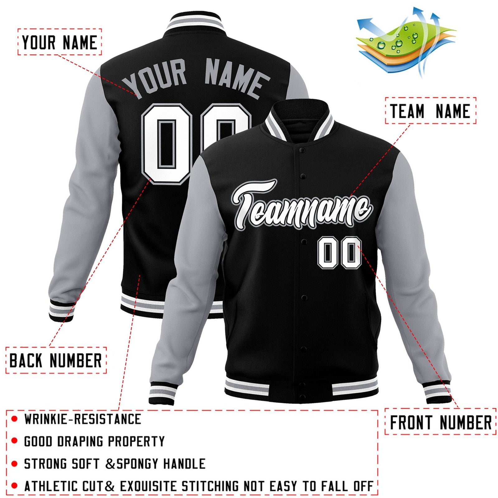 Custom Black Grey-Black Raglan Sleeves Varsity Full-Snap Letterman Jacket