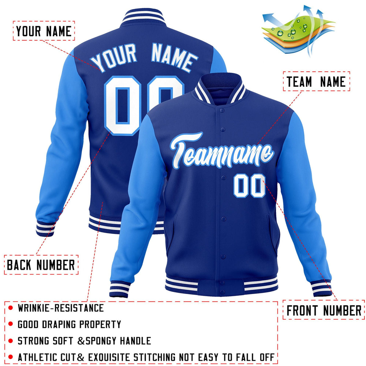 Custom Royal White-Powder Blue Raglan Sleeves Varsity Full-Snap Letterman Jacket