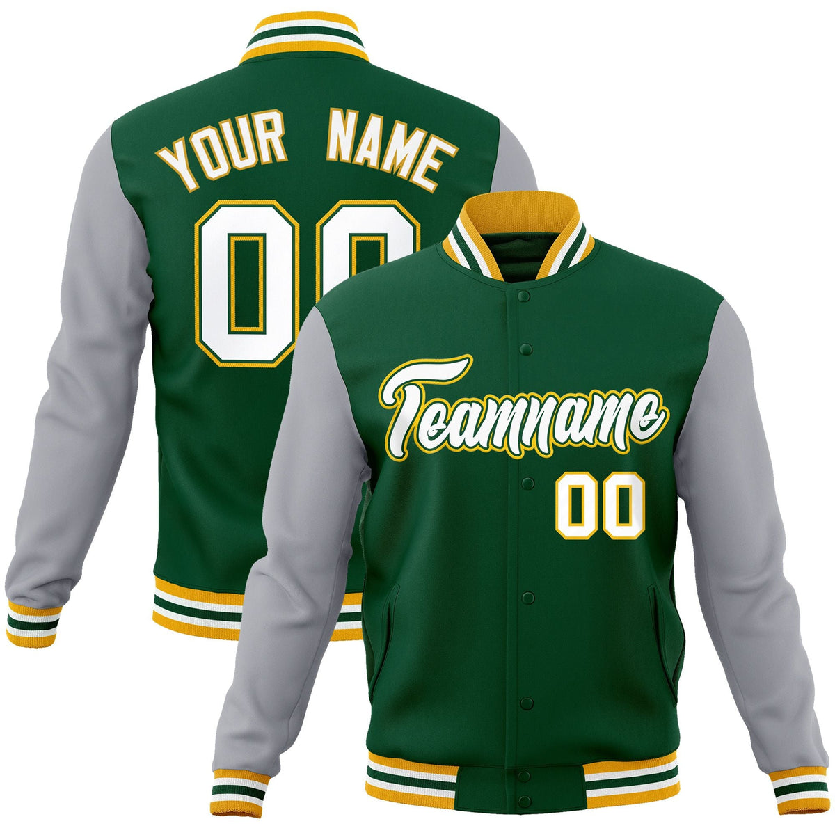 Custom Green White-Green Raglan Sleeves Varsity Full-Snap Letterman Jacket