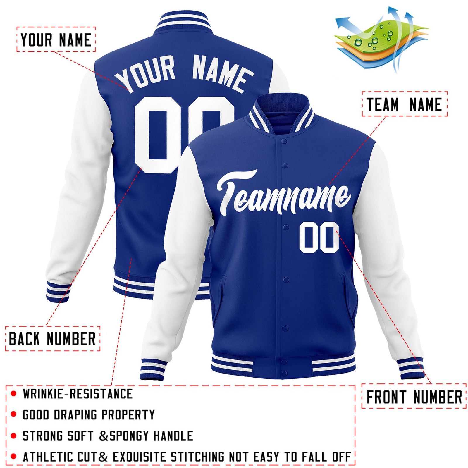 Custom Royal White Raglan Sleeves Varsity Full-Snap Letterman Jacket