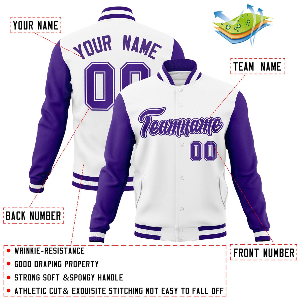 Custom White Purple-White Raglan Sleeves Varsity Full-Snap Letterman Jacket