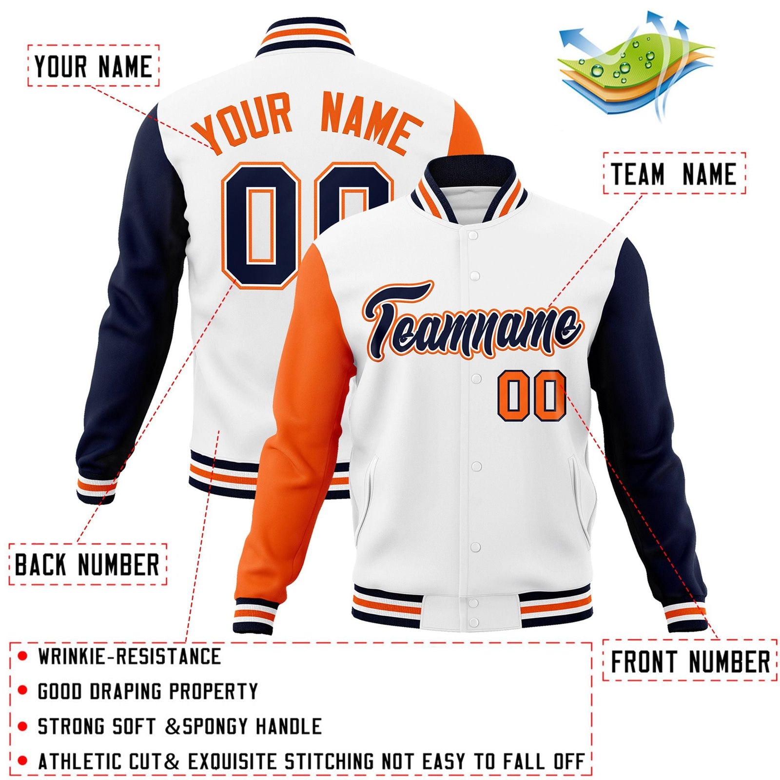 Custom White Navy-White Raglan Sleeves Varsity Full-Snap Letterman Jacket