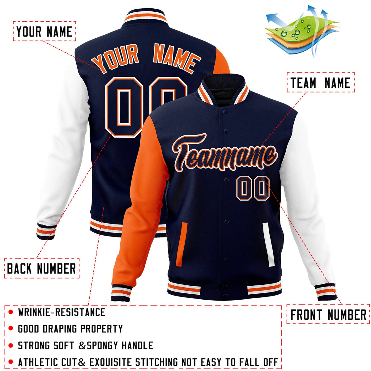 Custom Navy Navy-Orange Raglan Sleeves Varsity Full-Snap Letterman Jacket