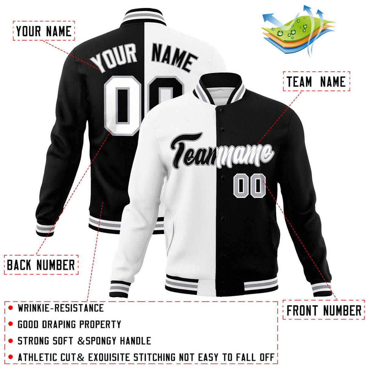 Custom White Black-Black Varsity Full-Snap Letterman Two Tone Split Fashion Jacket