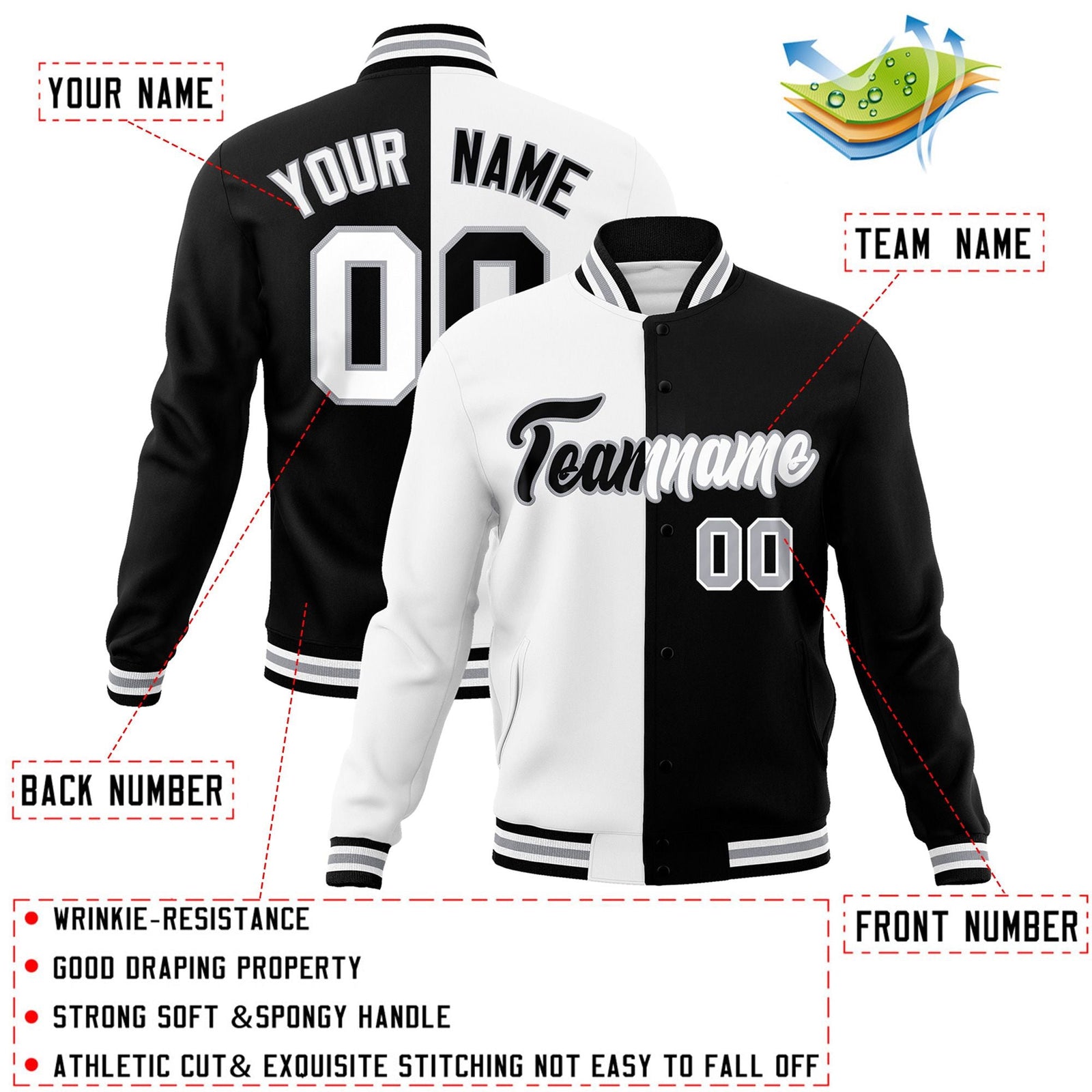 Custom White Black-Black Varsity Full-Snap Letterman Two Tone Split Fashion Jacket