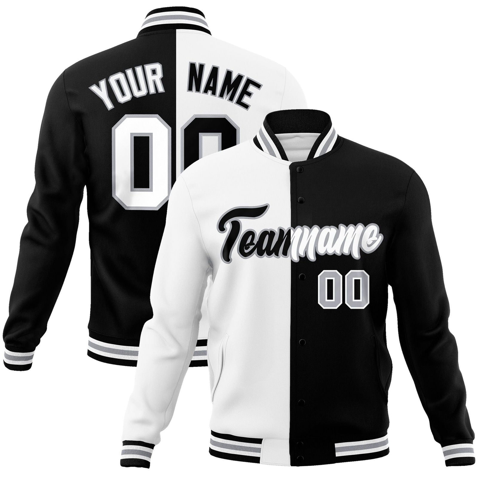 Custom White Black-Black Varsity Full-Snap Letterman Two Tone Split Fashion Jacket