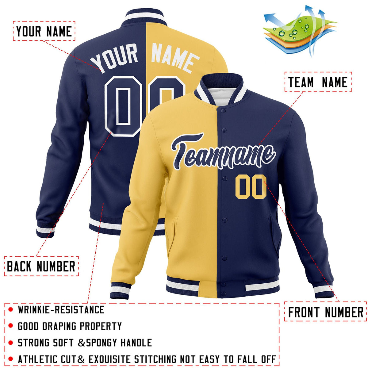 Custom Cream Navy-Navy Varsity Full-Snap Letterman Two Tone Split Fashion Jacket