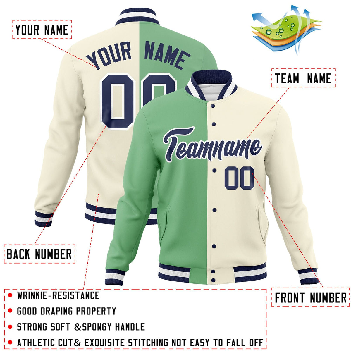 Custom Green Khaki-Navy Varsity Full-Snap Letterman Two Tone Split Fashion Jacket