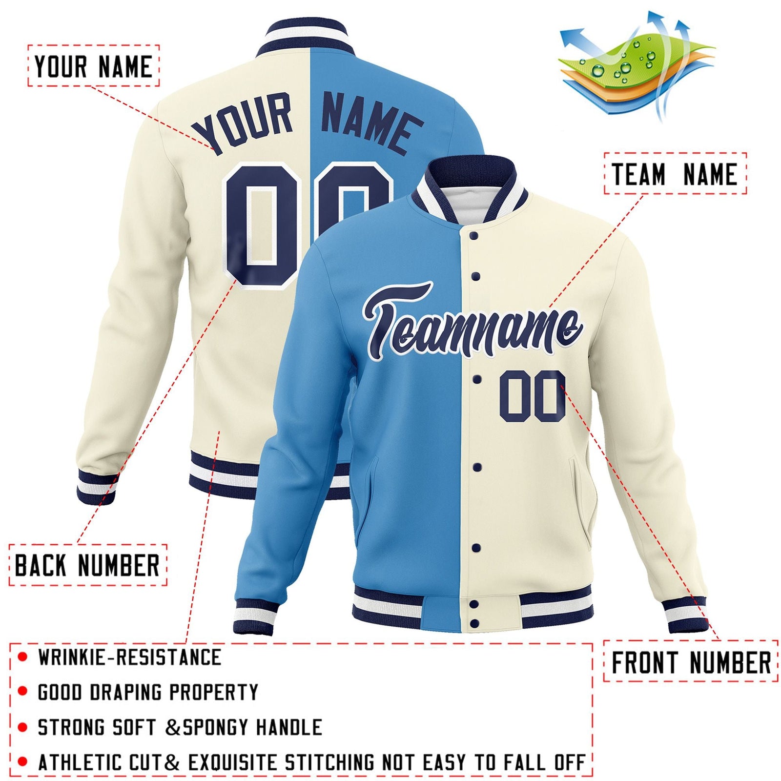 Custom Light Blue Khaki-Navy Varsity Full-Snap Letterman Two Tone Split Fashion Jacket