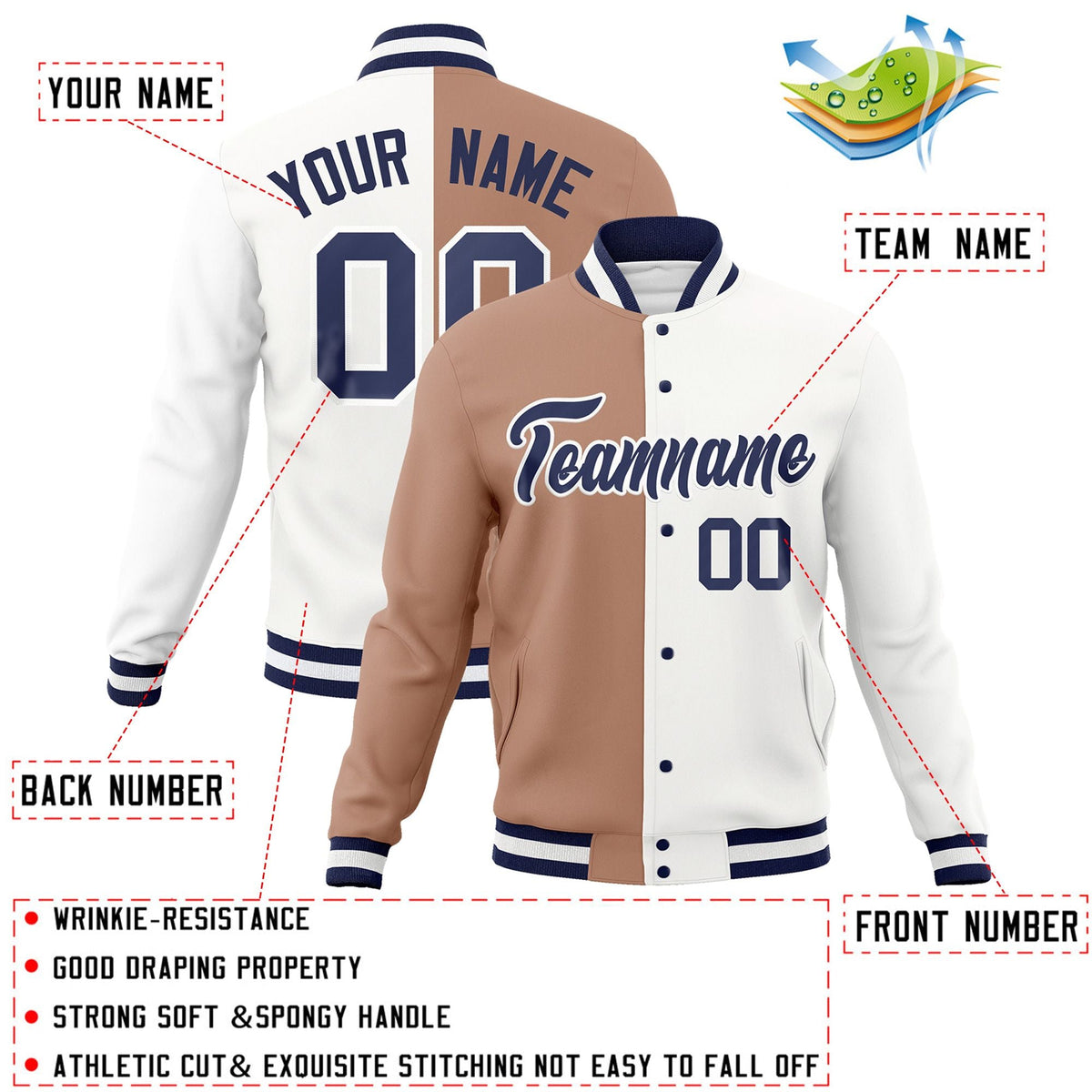 Custom Brown White-Navy Varsity Full-Snap Letterman Two Tone Split Fashion Jacket