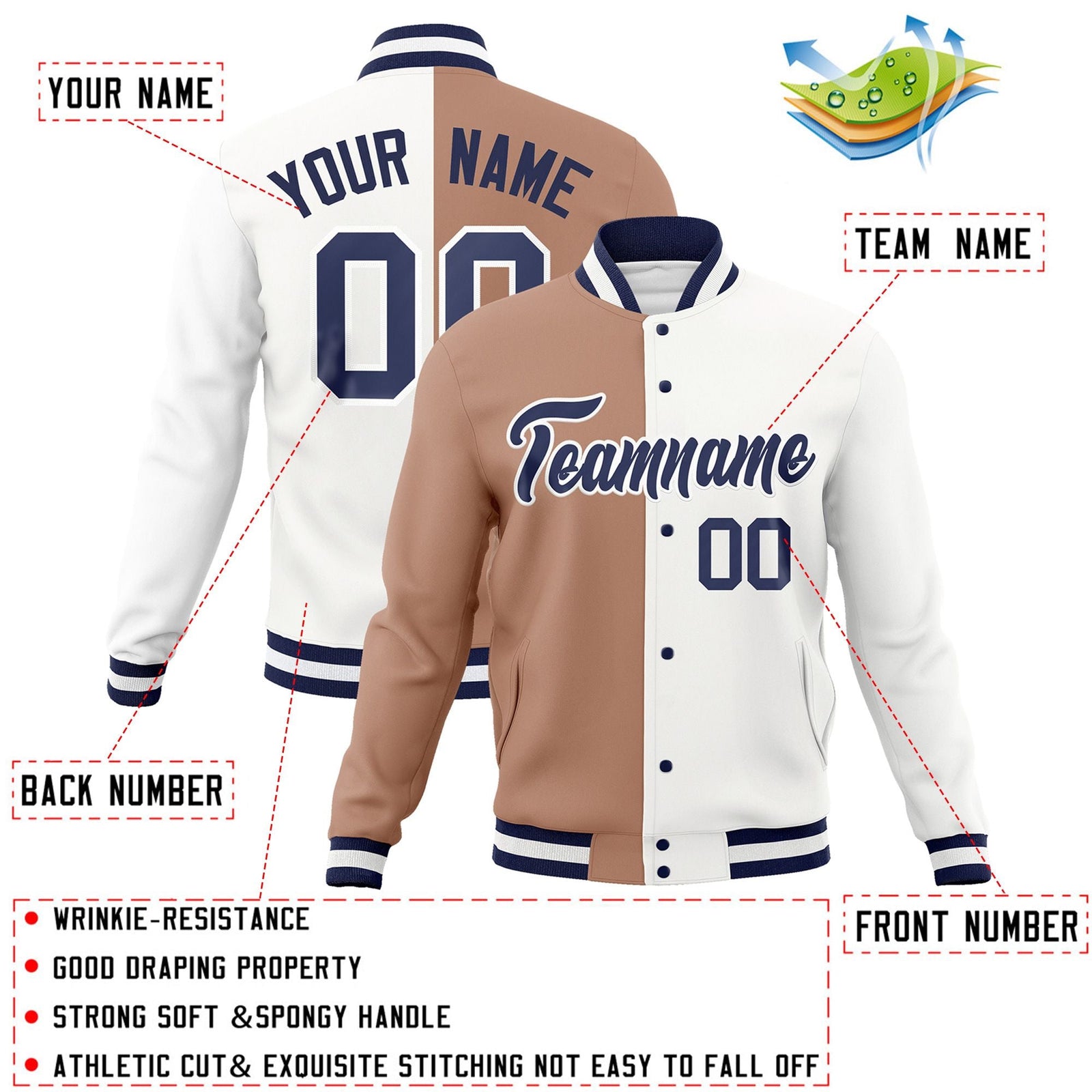 Custom Brown White-Navy Varsity Full-Snap Letterman Two Tone Split Fashion Jacket