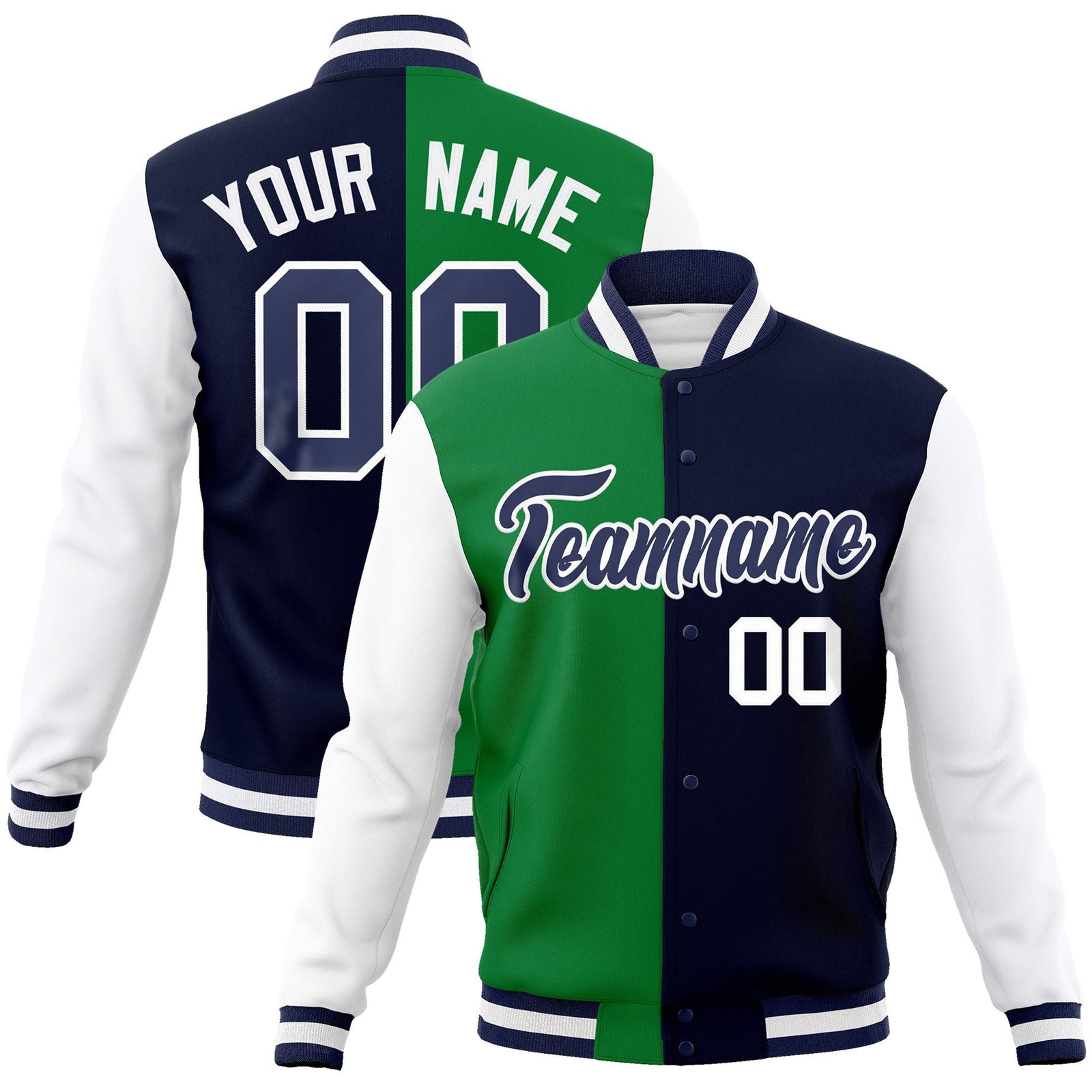 Custom Green Navy-Navy Varsity Full-Snap Letterman Two Tone Split Fashion Jacket