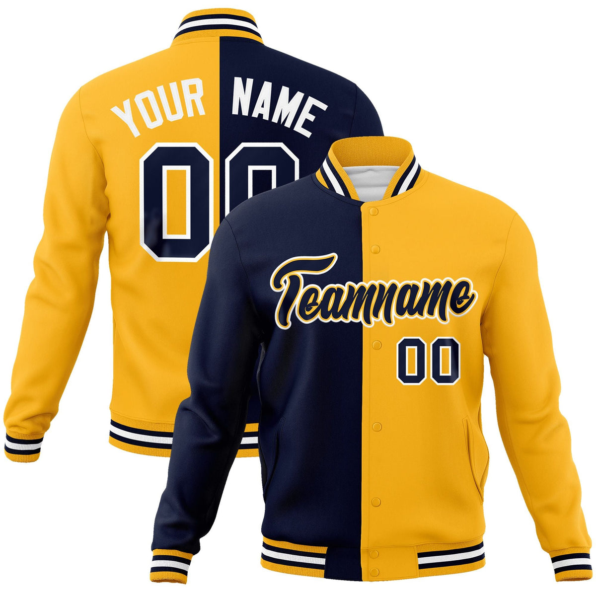 Custom Navy Yellow-Navy Varsity Full-Snap Letterman Two Tone Split Fashion Jacket