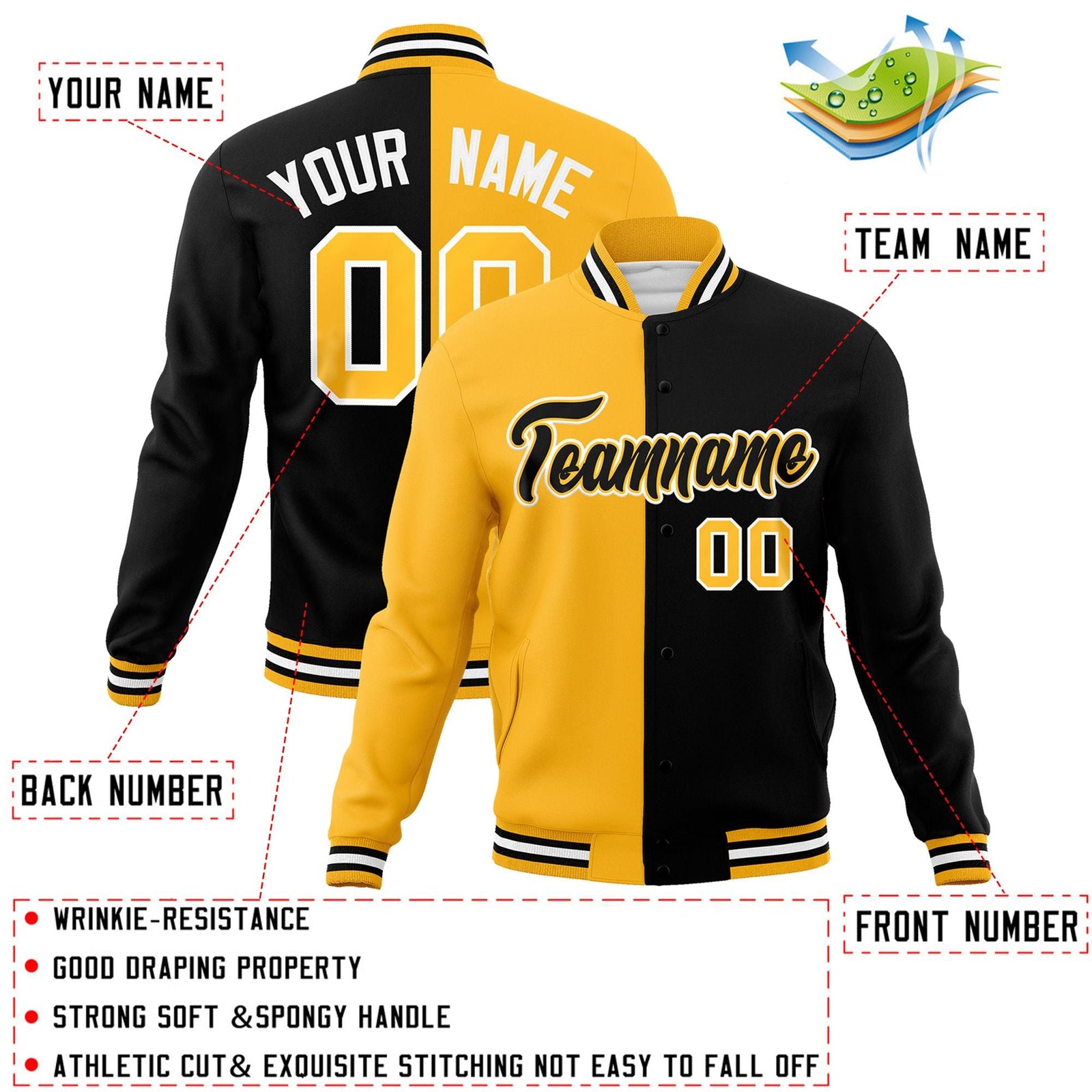Custom Gold Black-Black Varsity Full-Snap Letterman Two Tone Split Fashion Jacket
